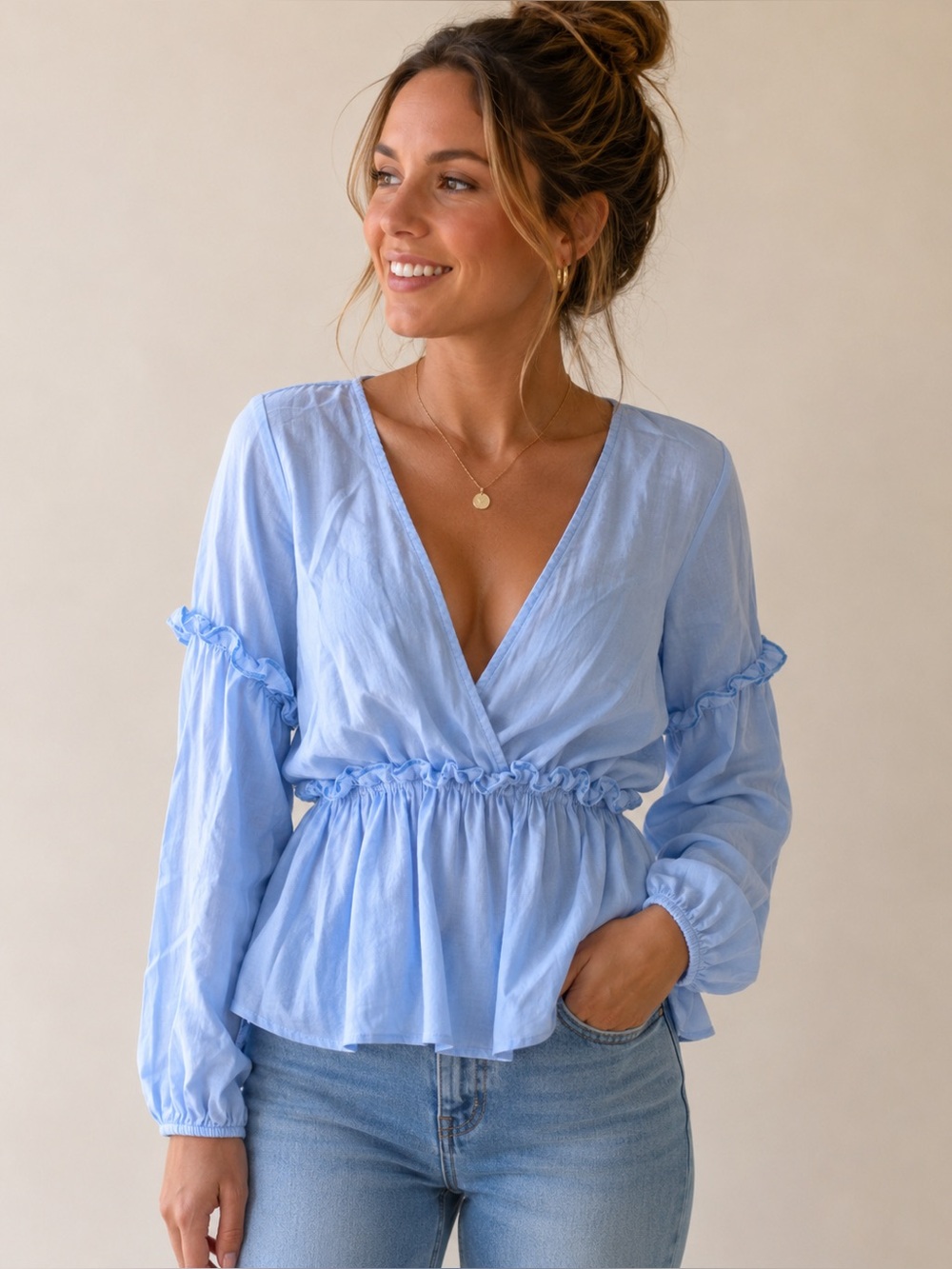 Zara Light Blue Linen Blend Ruffle Peplum Blouse Size M